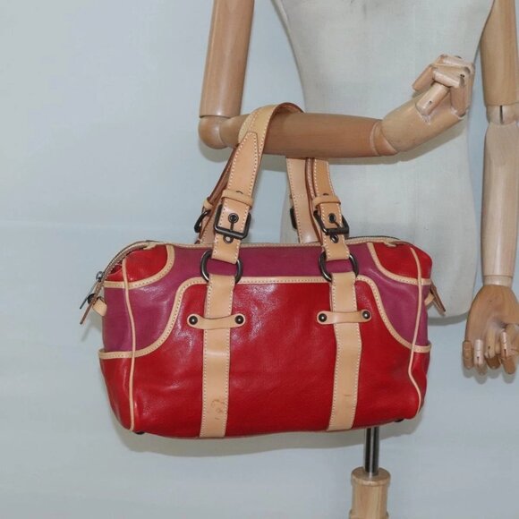 CELINE Hand Bag Leather Red Beige Auth - Picture 1 of 16